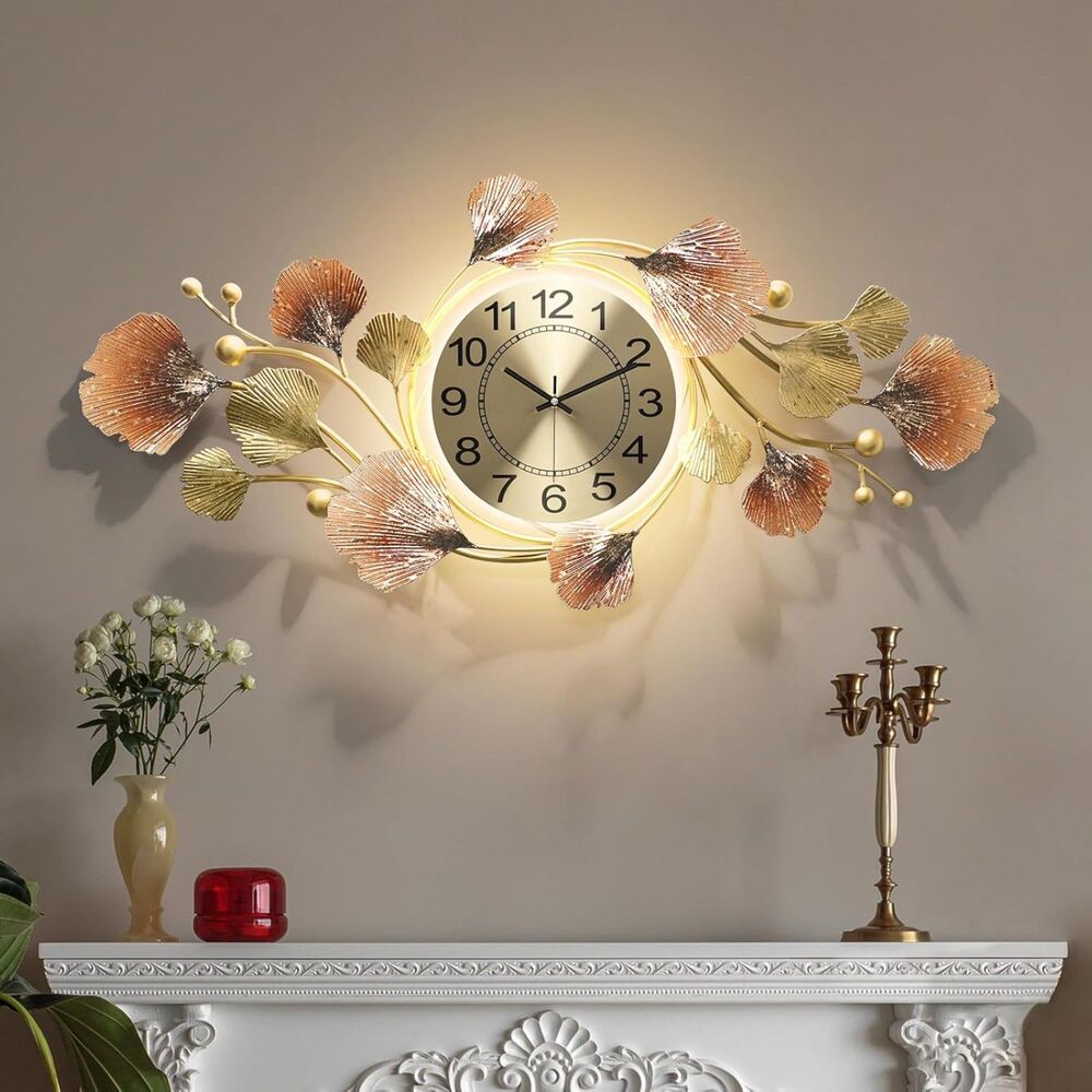 Modern 35" Metal Ginkgo Leaf Wall Clock Silent Non-Ticking Wall Decor Clap-On